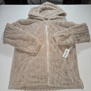 Katydid Women Tan Sherpa Fleece Full Zip Hoodie Jacket Small NWT Cozy Soft
